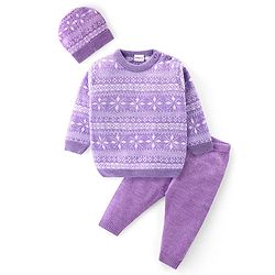 Babyhug Knitted Raglan Sleeves Sweater Set with Cap & Aztec Design - Lilac