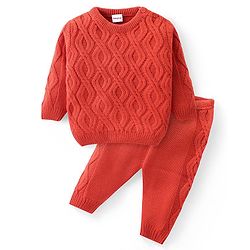 Babyhug Knitted Full Sleeves Pullover Sweater Set with Cable Knit Design - Orange