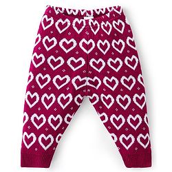 Babyhug Knit Full Length Fleece Bottom Hearts Printed - Red