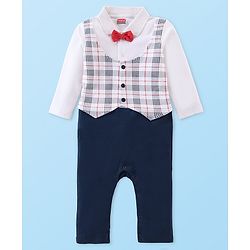 Babyhug Interlock Cotton Knit Full Sleeves Party Romper with Attached Checked Waist Coat & Bow Detailing - Navy Blue