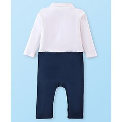 Babyhug Interlock Cotton Knit Full Sleeves Party Romper with Attached Checked Waist Coat & Bow Detailing - Navy Blue