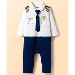 Babyhug 100% Cotton Knit Interlock Full Sleeves Romper with Tie Pocket Print - Navy Blue