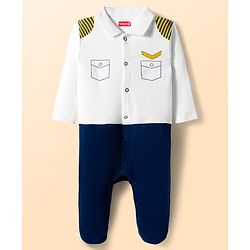 Babyhug 100% Cotton Knit Interlock Full Sleeves Romper with Tie Pocket Print - Navy Blue
