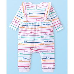 Babyoye 100% Cotton Knit Full Sleeves Romper With Striped & Text Print - White