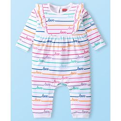 Babyoye 100% Cotton Knit Full Sleeves Romper With Striped & Text Print - White