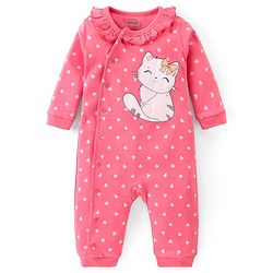 Babyhug Interlock 100% Cotton Knit Full Sleeves Full Length Romper With Frill Detailing & Kitten Print - Pink