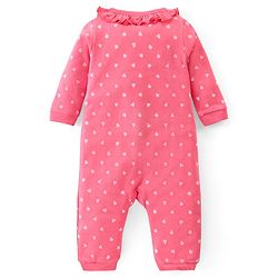 Babyhug Interlock 100% Cotton Knit Full Sleeves Full Length Romper With Frill Detailing & Kitten Print - Pink