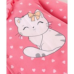 Babyhug Interlock 100% Cotton Knit Full Sleeves Full Length Romper With Frill Detailing & Kitten Print - Pink