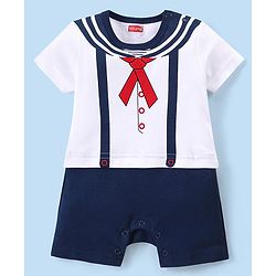Babyhug 100% Cotton Half Sleeves Romper With Bow Print - Navy Blue