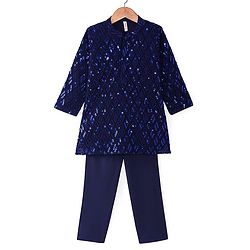 Babyhug Woven Full  Sleeves Sequined Embroidered  Kurta Pyjama Set - Navy Blue