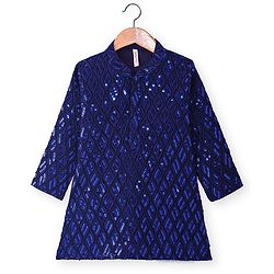Babyhug Woven Full  Sleeves Sequined Embroidered  Kurta Pyjama Set - Navy Blue