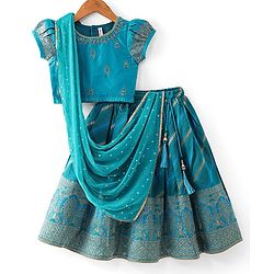 Babyhug Woven Short Sleeves Mirror Work & Sequin  Embroidered Choli & Lehenga Set with Dupatta  - Teal Blue