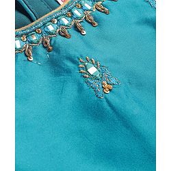 Babyhug Woven Short Sleeves Mirror Work & Sequin  Embroidered Choli & Lehenga Set with Dupatta  - Teal Blue