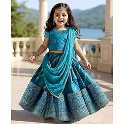 Babyhug Woven Short Sleeves Mirror Work & Sequin  Embroidered Choli & Lehenga Set with Dupatta  - Teal Blue