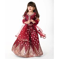 Babyhug Woven Short Sleeves Embroidered Choli With Lehenga & Dupatta Set -   Maroon