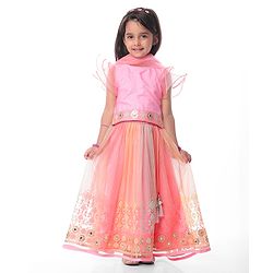 Babyhug  Woven Frill Sleeves Choli Lehenga Set & Dupatta with Sequin Design & Lace Detailing - Pink