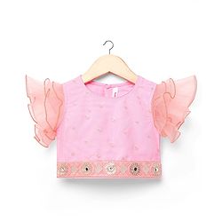 Babyhug  Woven Frill Sleeves Choli Lehenga Set & Dupatta with Sequin Design & Lace Detailing - Pink