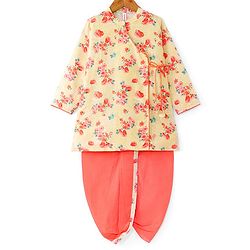 Babyhug Cotton Woven Full Sleeves Angarkha Style Kurta Dhoti Set Floral Print - Yellow