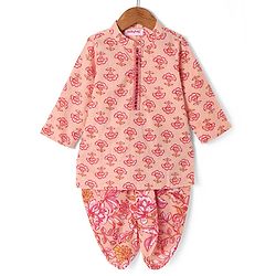 Babyhug Cotton Woven Full Sleeves Floral Printed Kurta Dhoti Set with Mirror Work Detailing - Peach