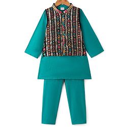 Babyhug Woven Full Sleeves Solid Colour Kurta Pyjama Set with Floral Embroidered Jacket - Teal Blue