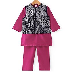 Babyhug Woven Full Sleeves Solid Colour Kurta Pyjama Set with Sequined Embroidered Nehru Jacket - Dark Pink