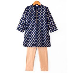 Babyhug Woven Full Sleeves Kurta Pyjama Set Brocade Print - Navy Blue