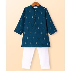 Babyhug Woven Full Sleeves Floral Embroidered Kurta Pyjama Set - Navy Blue