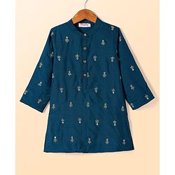 Babyhug Woven Full Sleeves Floral Embroidered Kurta Pyjama Set - Navy Blue