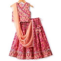 Babyhug Cotton Woven Sleeveless  Floral Printed Choli Lehenga & Dupatta Set with Lace Detailing - Peach