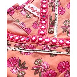 Babyhug Cotton Woven Sleeveless  Floral Printed Choli Lehenga & Dupatta Set with Lace Detailing - Peach