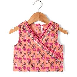 Babyhug Cotton Woven Sleeveless  Floral Printed Choli Lehenga & Dupatta Set with Lace Detailing - Peach