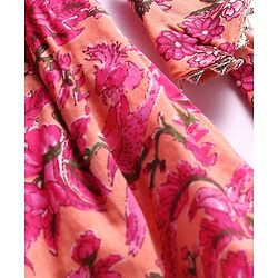 Babyhug Cotton Woven Sleeveless  Floral Printed Choli Lehenga & Dupatta Set with Lace Detailing - Peach