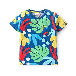 Babyhug Cotton Knit Half Sleeves Henley Neck T-Shirt With Tropical Theme Print - Navy Blue