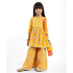 Babyhug Cotton Woven Three Fourth Sleeves Floral Printed Kurti Gharara Set with Dupatta & Lace Detailing - Yellow