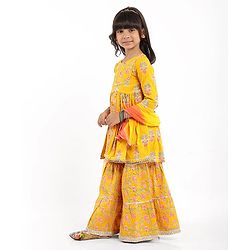 Babyhug Cotton Woven Three Fourth Sleeves Floral Printed Kurti Gharara Set with Dupatta & Lace Detailing - Yellow