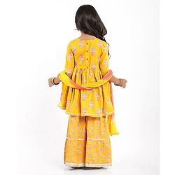 Babyhug Cotton Woven Three Fourth Sleeves Floral Printed Kurti Gharara Set with Dupatta & Lace Detailing - Yellow