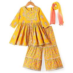 Babyhug Cotton Woven Three Fourth Sleeves Floral Printed Kurti Gharara Set with Dupatta & Lace Detailing - Yellow