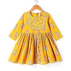 Babyhug Cotton Woven Three Fourth Sleeves Floral Printed Kurti Gharara Set with Dupatta & Lace Detailing - Yellow