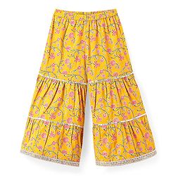 Babyhug Cotton Woven Three Fourth Sleeves Floral Printed Kurti Gharara Set with Dupatta & Lace Detailing - Yellow