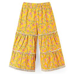 Babyhug Cotton Woven Three Fourth Sleeves Floral Printed Kurti Gharara Set with Dupatta & Lace Detailing - Yellow