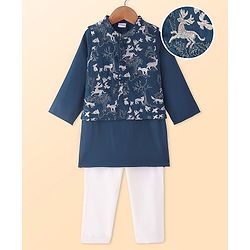 Babyhug Woven Full Sleeves Solid Colour Kurta Pyjama Set with Animal Embroidered Nehru Jacket - Navy Blue