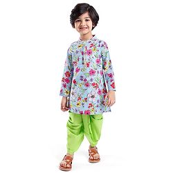 Babyhug Cotton Woven Full Sleeves Kurta Dhoti Set with Floral Print - Blue & Green