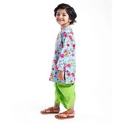 Babyhug Cotton Woven Full Sleeves Kurta Dhoti Set with Floral Print - Blue & Green