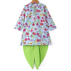 Babyhug Cotton Woven Full Sleeves Kurta Dhoti Set with Floral Print - Blue & Green
