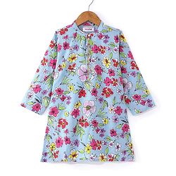 Babyhug Cotton Woven Full Sleeves Kurta Dhoti Set with Floral Print - Blue & Green