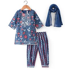 Babyhug Woven Three Fourth Sleeves  Floral & Chevron Printed Kurta Salwar Set with Dupatta & Lace Detailing - Navy Blue