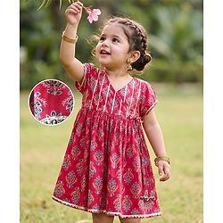 Babyhug Cotton Woven Floral Printed Half Sleeves Ethnic Dress with Tassle Detailing -  Red