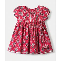 Babyhug Cotton Woven Floral Printed Half Sleeves Ethnic Dress with Tassle Detailing -  Red