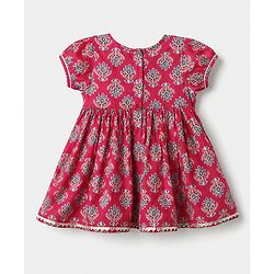 Babyhug Cotton Woven Floral Printed Half Sleeves Ethnic Dress with Tassle Detailing -  Red