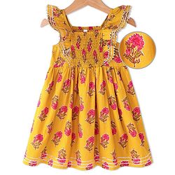 Babyhug Cotton Woven Cap Sleeves Floral Printed Ethnic Dress - Yellow